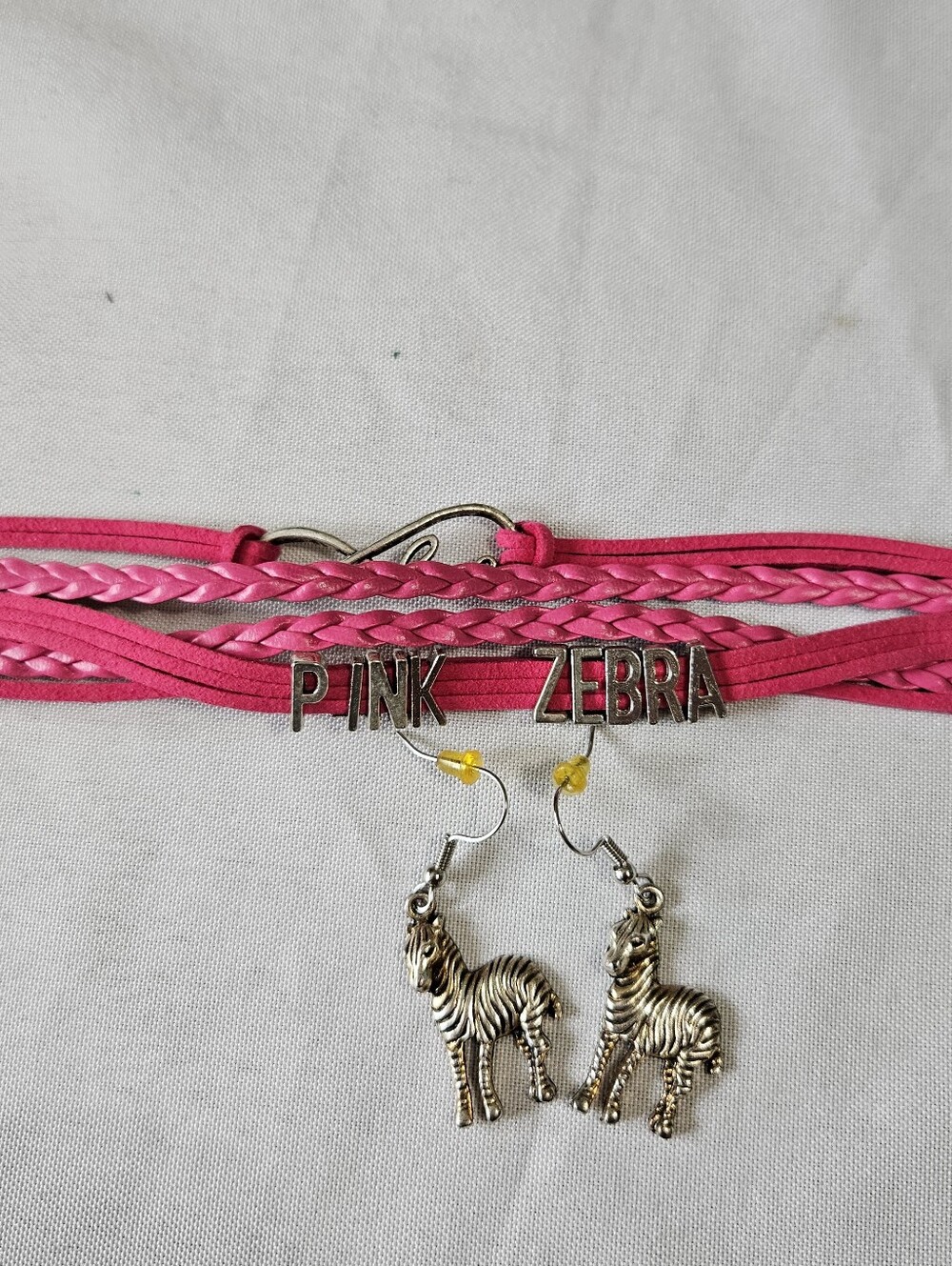 Pink Zebra Hot Pink Multi-Strand Leather Bracelet with Zebra Charm Earrings